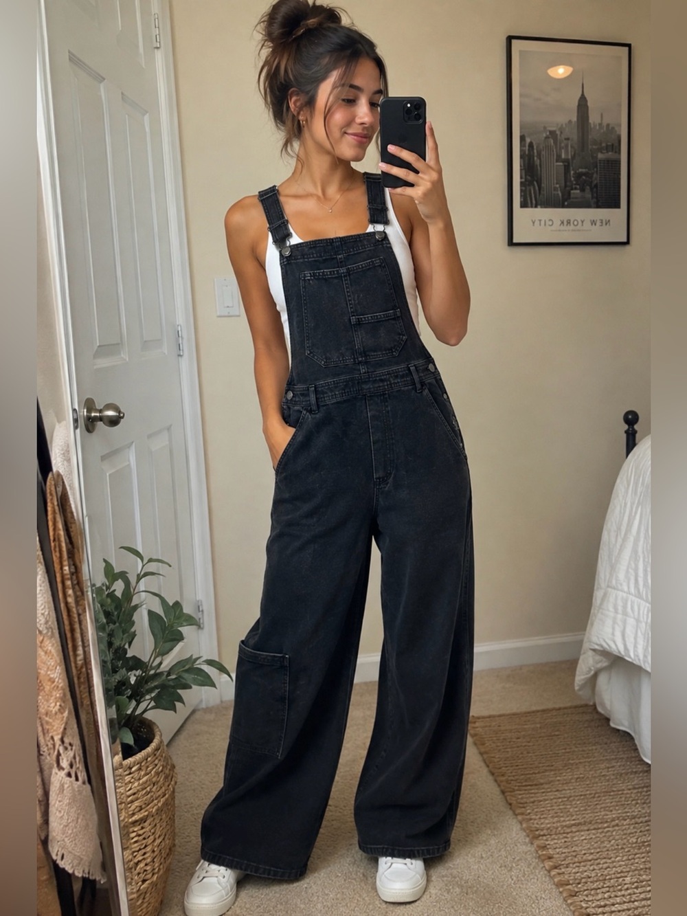 Wide-Leg Black Denim Overalls for Women
